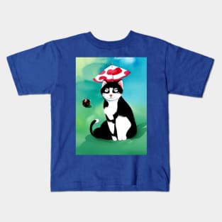 Cute Tuxedo Cat with Ladybug Copyright TeAnne Kids T-Shirt